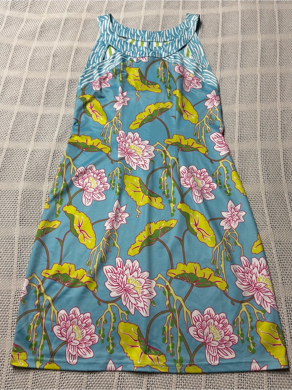 Gretchen Scott Blue Floral Halter Dress with Pink & Lime Lotus Print